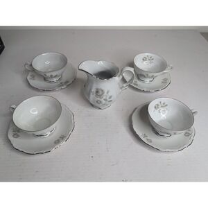 Vtg Mitterteich MYSTIC ROSE 4 Tea cup & Saucer Sets Platinum Bavaria + Creamer
